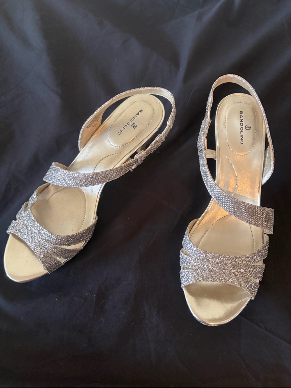 Bandolino Strappy Glitter Heels — Silver Sparkle, Sz 10M